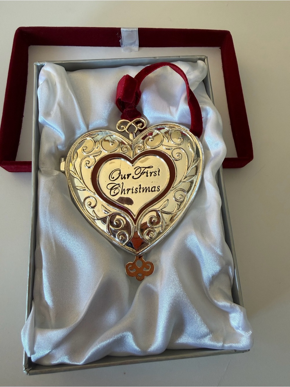 Things Remembered Silver Heart Ornament with Red Ribbon